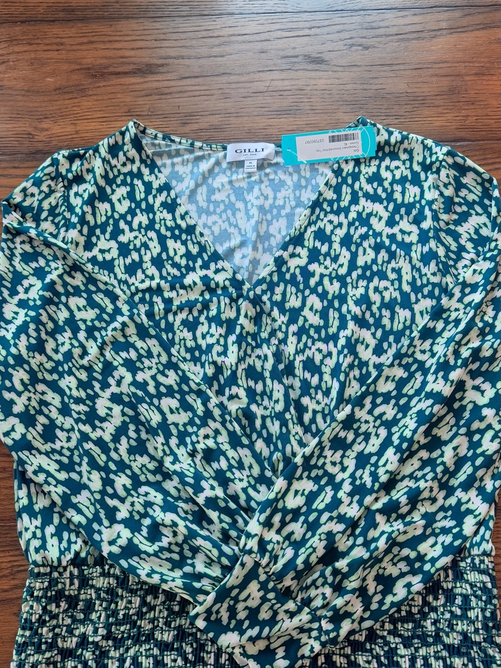 Gilli Teal and Cream Printed Wrap-Front Blouse